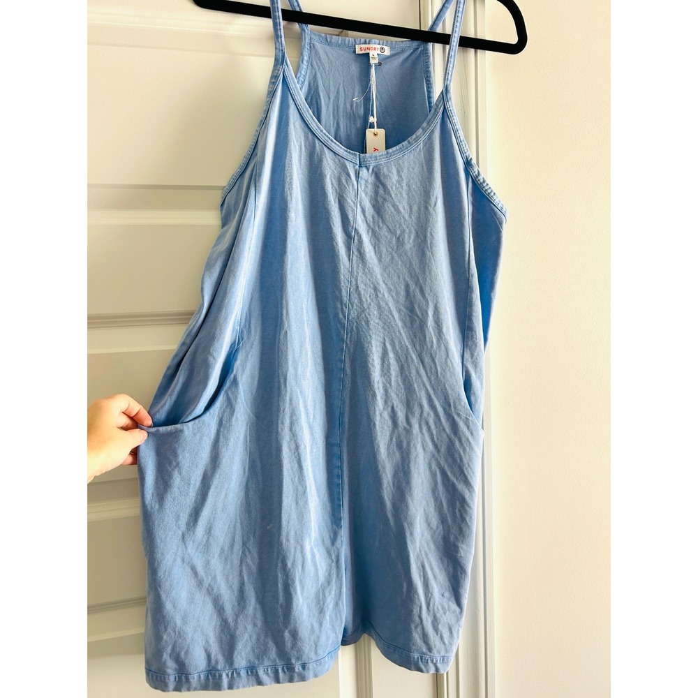 Anthropologie Sundry Womens Light Blue Cotton Blend Sleeveless Romper Pockets L